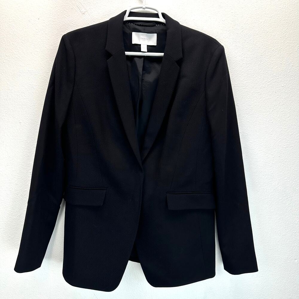 Hugo Boss Jesulea Virgin Wool Blazer Black Textured Stripe Hidden Snaps 10